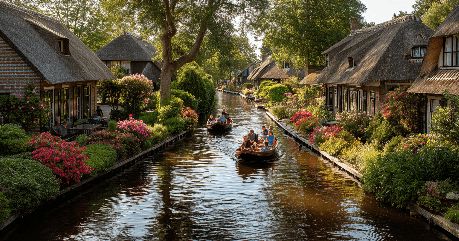 Boats gliding through the charming canals of Giethoorn village