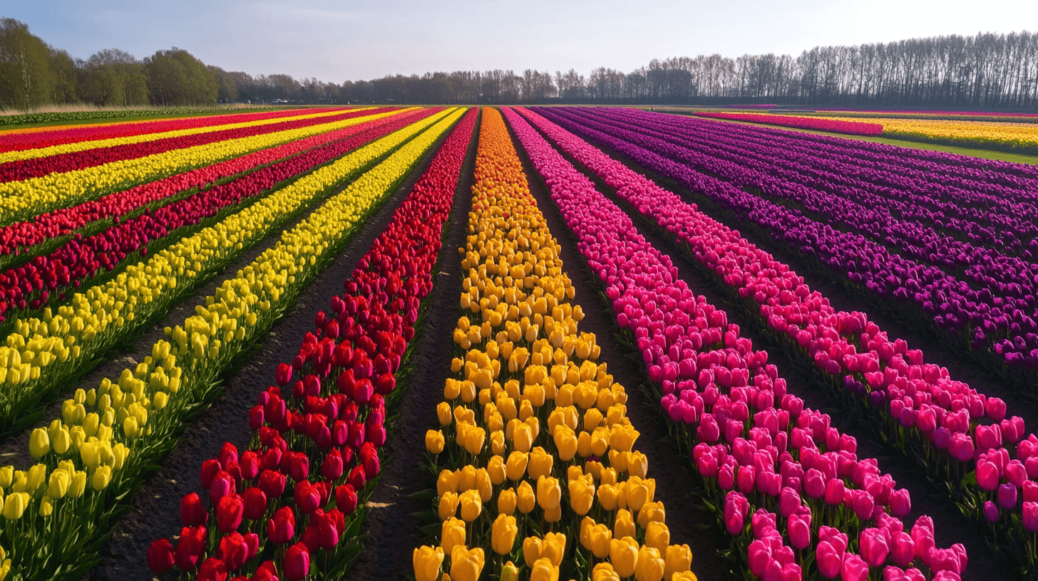 Vast colorful tulip fields in full bloom — red, yellow, pink and purple rows