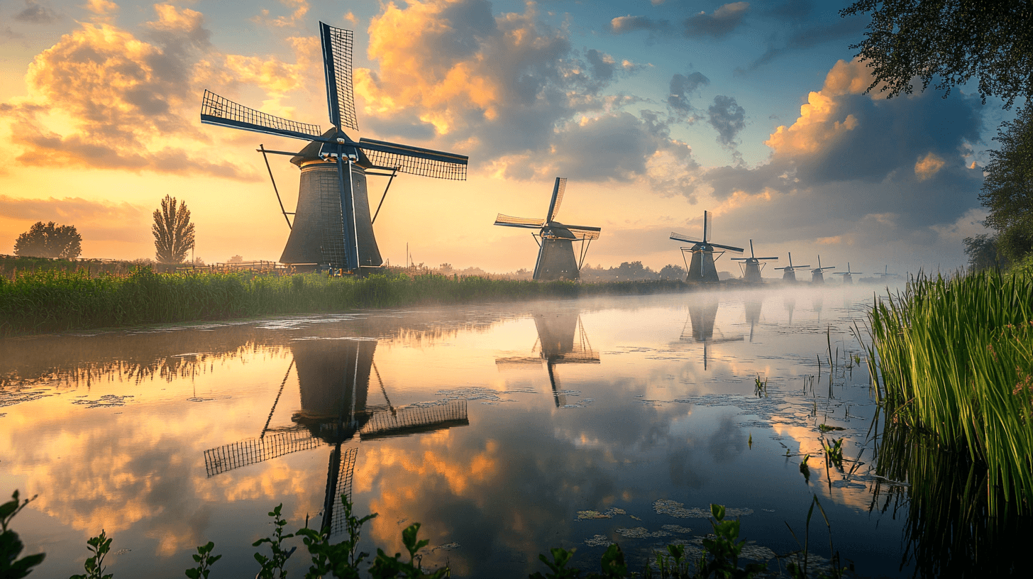 Dutch windmills at sunrise reflected in misty canal waters, Netherlands